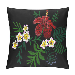 Personality  Hawaii Flower Embroidery Arrangement Patch. Fashion Print Decoration Plumeria Hibiscus Palm Leaves. Tropical Exotic Blooming Bouquet Vector Illustration Pillow Covers