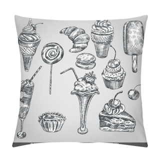 Personality  Ice Cream And Cake Set. Hand Drawing Sketch Vector Illustration. Retro Style Pillow Covers