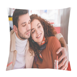 Personality  Beautiful Couple Hugging, Smiling, Looking Away At Cafe  Pillow Covers