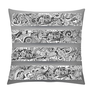 Personality  Cartoon Cute Line Art Vector Hand Drawn Doodles Africa Corporate Identity. 4 Horizontal Banners Design. Templates Set Pillow Covers