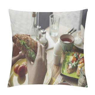 Personality  Cropped Shot Of Person Eating Fresh Tasty Sandwich At Breakfast  Pillow Covers
