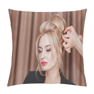 Personality  Beauty Blond Woman In Hairdresser Salon Making An Evening Or Wedding Hair Style Pillow Covers