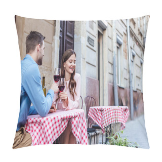 Personality  Pretty Young Woman Clinking Glasses Of Red Wine With Boyfriend While Sitting In Street Cafe Pillow Covers