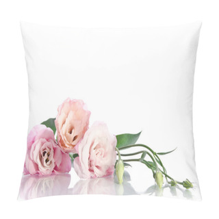 Personality  Beautiful Eustoma Flowers With Leafs And Buds On White Backgroun Pillow Covers