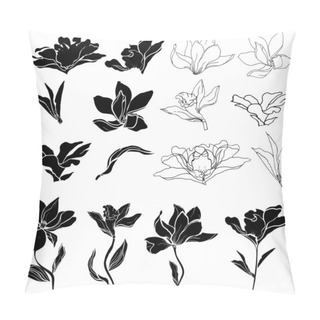 Personality  Set Of Black And White Lily, Magnolia And Vanilla Flowers, Collection Of Black Outlines And Silhouettes Cut Out On A White Background. Torafari, Funeral Set. Pillow Covers