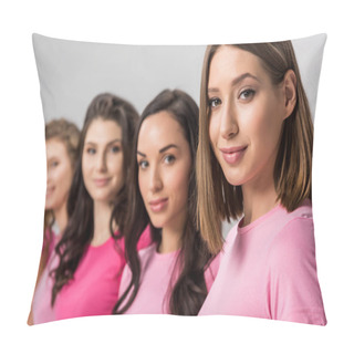 Personality  Selective Focus Of Cheerful Blonde Girl Looking At Camera Near Beautiful Young Women Isolated On Grey Pillow Covers