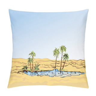 Personality  Arabia Summer Travel Place Skyline Scene. Bright Yellow Color Hand Drawn Warm Egypt Scenic View Sign Icon Symbol Concept In Art Old Vintage Cartoon Style. Text Space On Light Blue Sunny Sky Retro Backdrop Pillow Covers