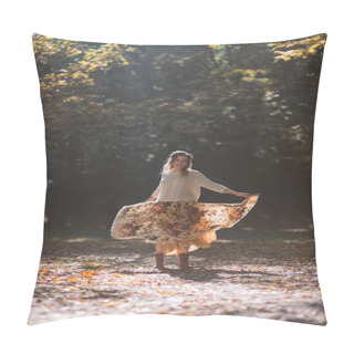 Personality  Smiling Woman Dancing In Autumn Park In Raise Of Sunlight. Pillow Covers