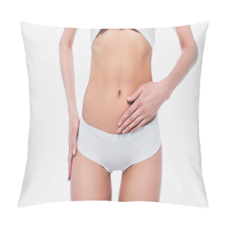Personality  Cropped View Of Woman In Underwear Touching Belly Isolated On White  Pillow Covers