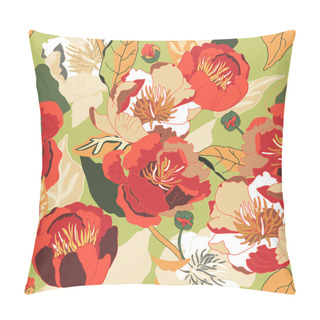 Personality  Seamless Floral  Background. Isolated Red Flowers And Leafs. Pillow Covers