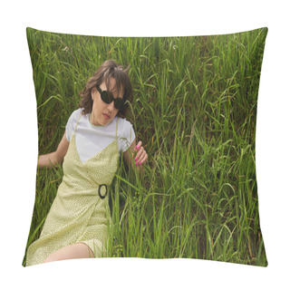 Personality  High Angle View Of Fashionable Brunette Woman In Sunglasses And Sundress Touching Green Grass While Relaxing, Peaceful Retreat And Relaxing In Nature Concept, Rural Landscape Pillow Covers
