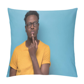 Personality  Young African American Man, Student With Finger In Mouth In Deep Thought, Isolated On Blue Background. Negative Emotion, Facial Expression, Feelings Pillow Covers
