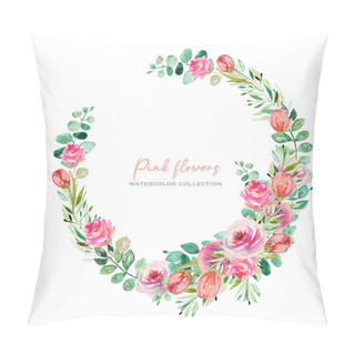 Personality  Wreath Of Watercolor Pink Roses, Green Leaves And Eucalyptus Branches, Isolated Illustration On White Background Pillow Covers