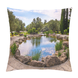 Personality Fragment Of Beautiful Garden With An Artificial Pond In Summer Pillow Covers