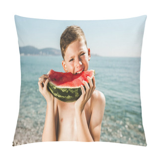 Personality  Cheerful Child Eating Juicy Watermelon On The Sea. Pillow Covers