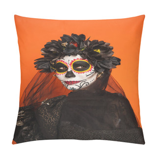 Personality  Woman In Traditional Day Of Dead Costume And Makeup Touching Black Veil Isolated On Orange Pillow Covers