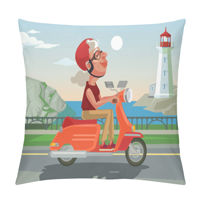 Personality  Happy smiling old woman character drive scooter. Vector flat cartoon illustration pillow covers