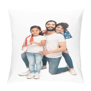 Personality  Cheerful Latin Family Smiling While Holding American Flag Isolated On White  Pillow Covers