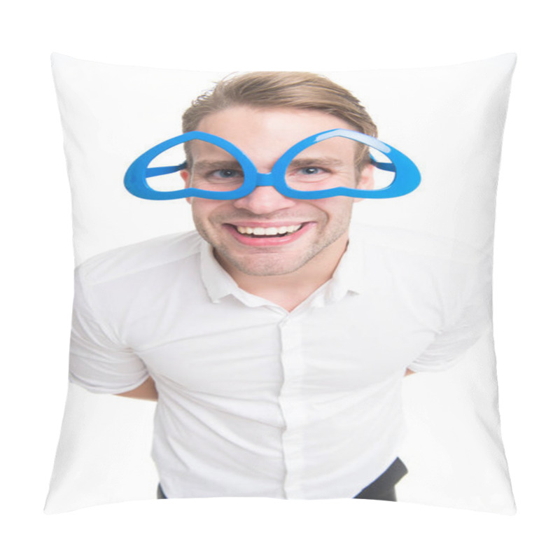 Personality  Love turns you upside down Man happy smiling blond blue eyes in heart shaped eyeglasses fall in love. Man handsome looks lovely and sweet isolated white background. Perfect boyfriend fall in love pillow covers