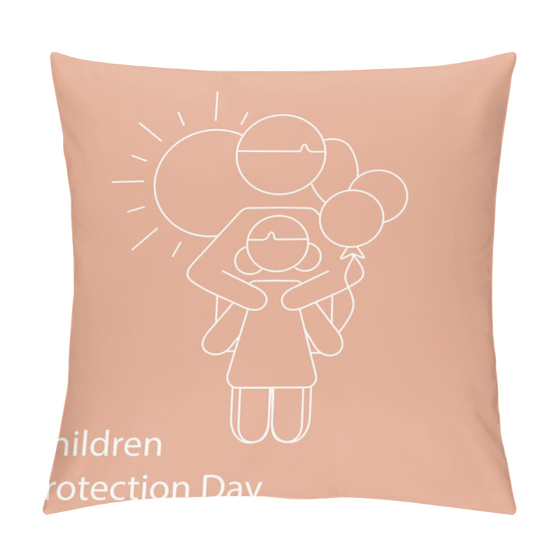 Personality  illustration of mother hugging kid near children protection day lettering on beige pillow covers