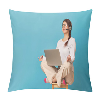 Personality  Woman Is Siting In Lotus Position On A Chair With A Laptop. Pillow Covers