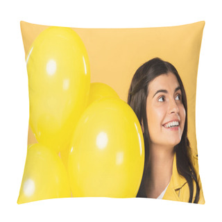 Personality  Happy Girl Holding Yellow Balloons, Isolated On Yellow Pillow Covers