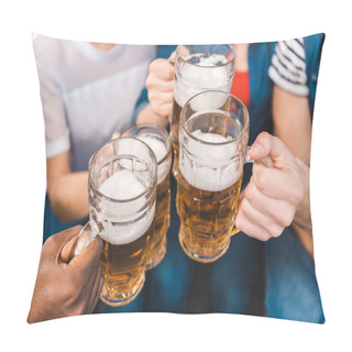 Personality  Close-up Partial View Of Young Friends Holding Glasses Of Beer In Hands Pillow Covers