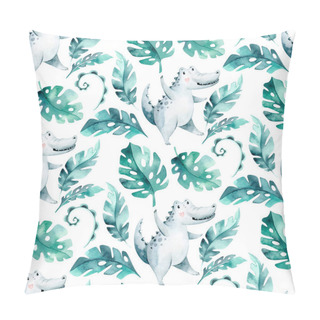 Personality  Seamless Cartoon Crocodiles Pattern. Watercolor Tropic African Illustration With Watercolor Alligators And Africa Palms. Tropical Leaves Fabric Background. Pillow Covers