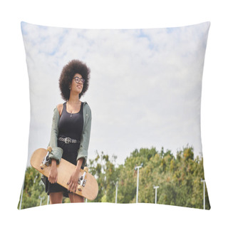 Personality  Energetic Young African American Woman With Curly Hair Confidently Holds A Skateboard In A Lively Outdoor Skate Park. Pillow Covers