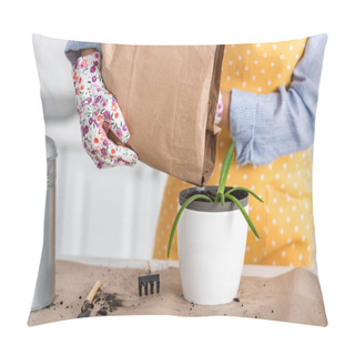 Personality  Cropped View Of Woman With Paper Bag Putting Ground To Flowerpot With Aloe Near Watering Pot And Gardening Tools On Table In Kitchen Pillow Covers