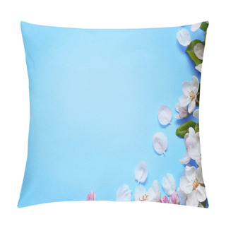 Personality  Flowering Branches And Petals On A Blue Background. Pillow Covers