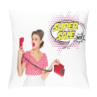 Personality  Portrait Of Pin Up Woman Talking On Old Telephone With Super Sale Speech Bubble Isolated On White Pillow Covers