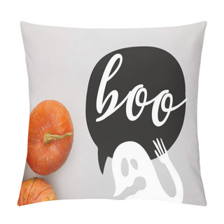 Personality  Top View Of Pumpkin On White Background With Boo And Ghost Illustration, Halloween Decoration Pillow Covers