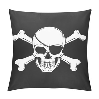 Personality  Jolly Roger With Eyepatch And Crossbones Logo Template. Evil Skull Vector. Dark T-shirt Design. Pirate Icon On Black Background Pillow Covers