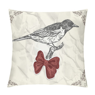 Personality  Vintage Card With Bird And Red Bow Pillow Covers