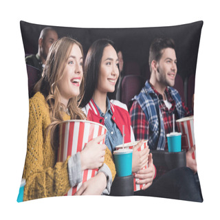 Personality  Young Smiling Friends With Popcorn Watching Film In Movie Theater Pillow Covers