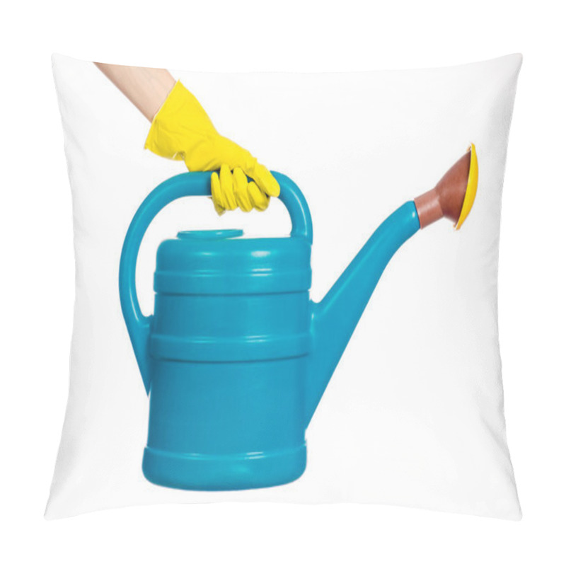 Personality  Caring for the plants and the garden theme: the human hand in yellow rubber gloves holding a large blue plastic watering can isolated on white background in studio pillow covers