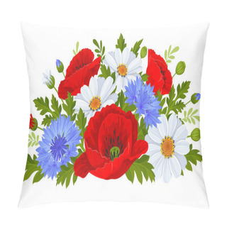 Personality  Gentle Bouquet Of Wildflowers. Red Poppy, White Daisy, Blue Cornflower, Leaves And Buds. Vector Illustration. Pillow Covers