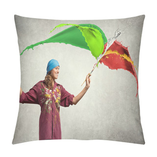 Personality  Artist Woman With Paint Brush In Hand Pillow Covers