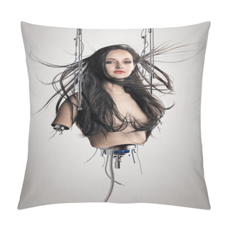 Personality  Cyborg Woman Suspended By Metal Clamps With Cables And Electrical Wires Showing Below Torso And Arms. Conceptual Of Futuristic Bionics And Artificial Intelligence Pillow Covers