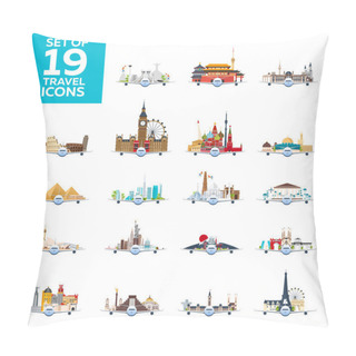 Personality  Travel To World. Airplane With Attractions. Big Set Of Travel Vector Icons. Flat Style. Pillow Covers