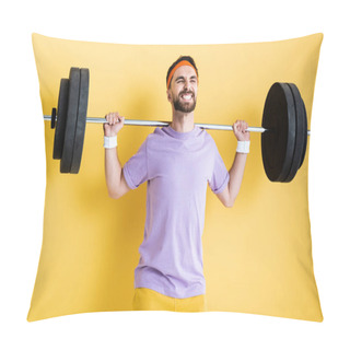 Personality  Sportsman Working Out With Heavy Barbell On Yellow Pillow Covers