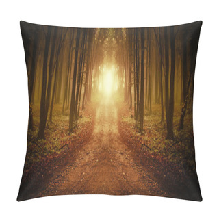 Personality  Road In Symmetrical Forest With Fog At Sunrise Pillow Covers
