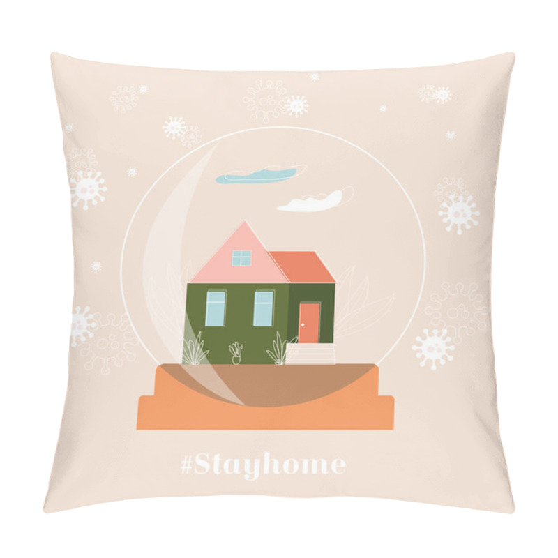 Personality  I stay at home awareness social media campaign and coronavirus prevention. Hashtag : stayhome. Poster with a house in a snow globe where instead of snow the bacteria are viruses covid-19 pillow covers