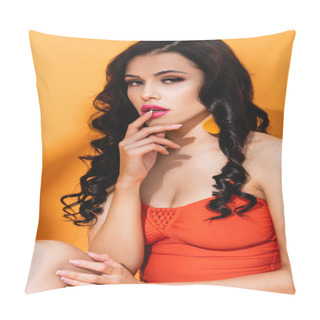 Personality  Attractive Young Woman In Swimsuit Touching Lips On Orange  Pillow Covers