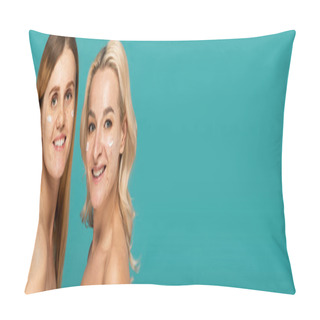 Personality  Cheerful Women With Different Skin Conditions And Cream On Faces Looking At Camera Isolated On Turquoise, Banner   Pillow Covers