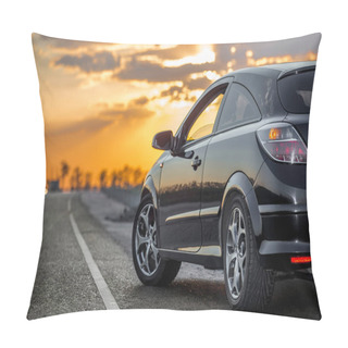 Personality  Beautiful Black Modern Car Stands On Asphalt Road In Summer Illuminated By The Rays Of The Sunset Pillow Covers