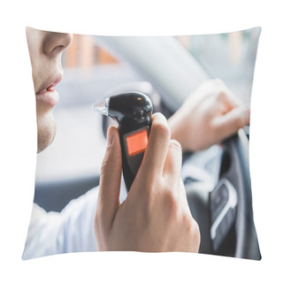 Personality  Partial View Of Man Blowing Into Breathalyzer While Sitting In Car, Blurred Background Pillow Covers