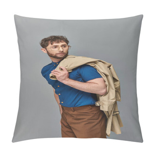 Personality  Bearded Man In Glasses Holding Trench Coat, Grey Backdrop, Male Model Looking Away, Smart Casual Pillow Covers