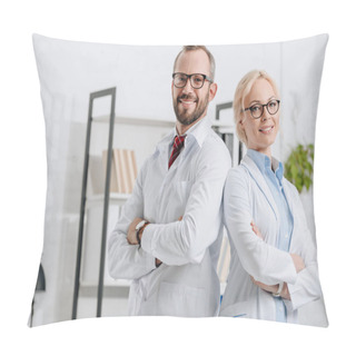 Personality  Portrait Of Smiling Physiotherapists In White Coats Looking At Camera In Clinic Pillow Covers